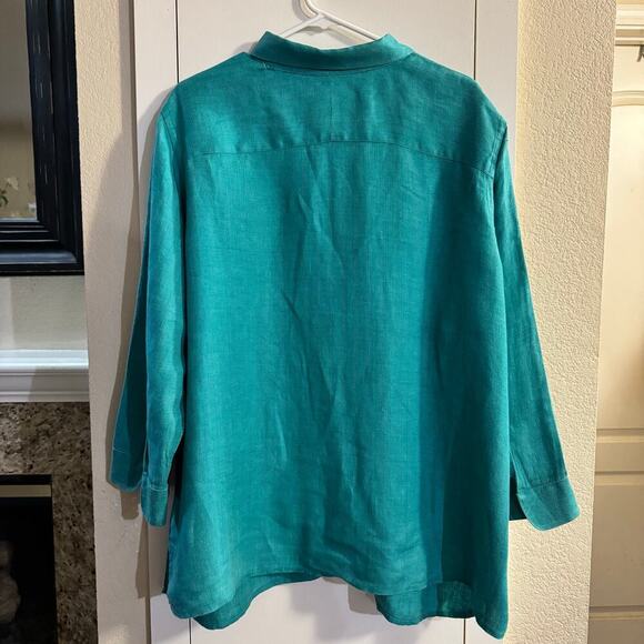 Lauren Ralph Lauren 100% Linen Button Up Women’s Shirt Embroidered Logo Teal 2X - Picture 2 of 7